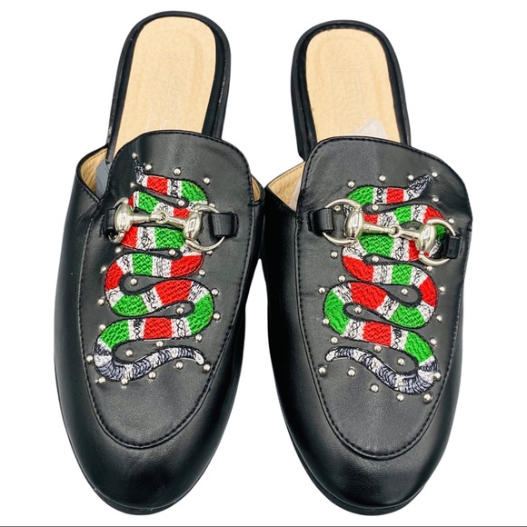 ASOS Truffle Black Embroidered Snake Stud Slip On Horse Bit Mule Slides 6 - Picture 2 of 12